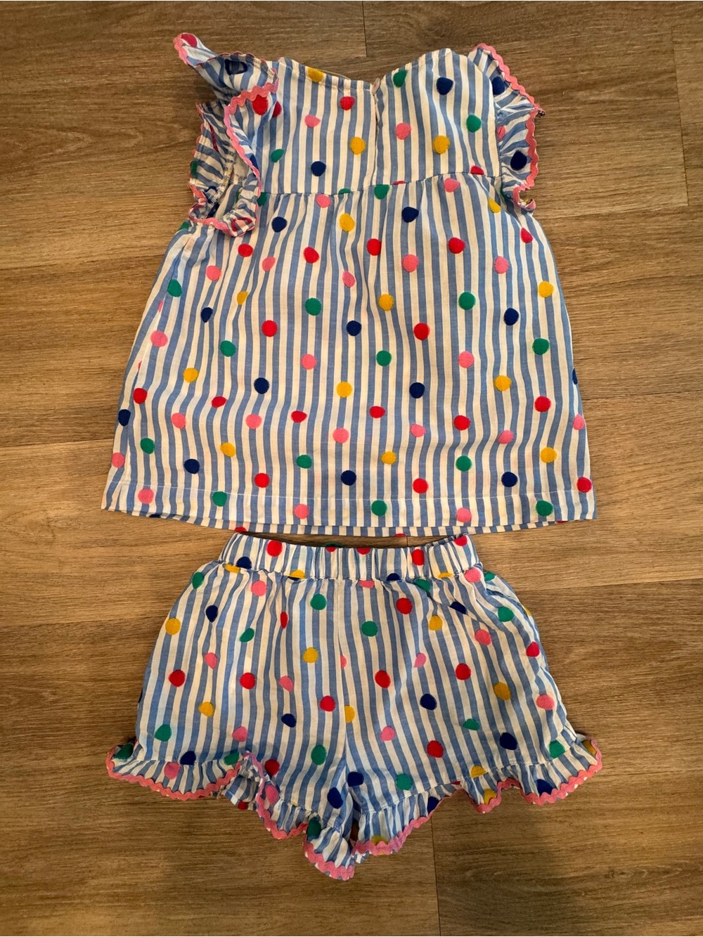 Mini Boden Blue and White Striped Cotton Top and shorts with Multicolor Dots